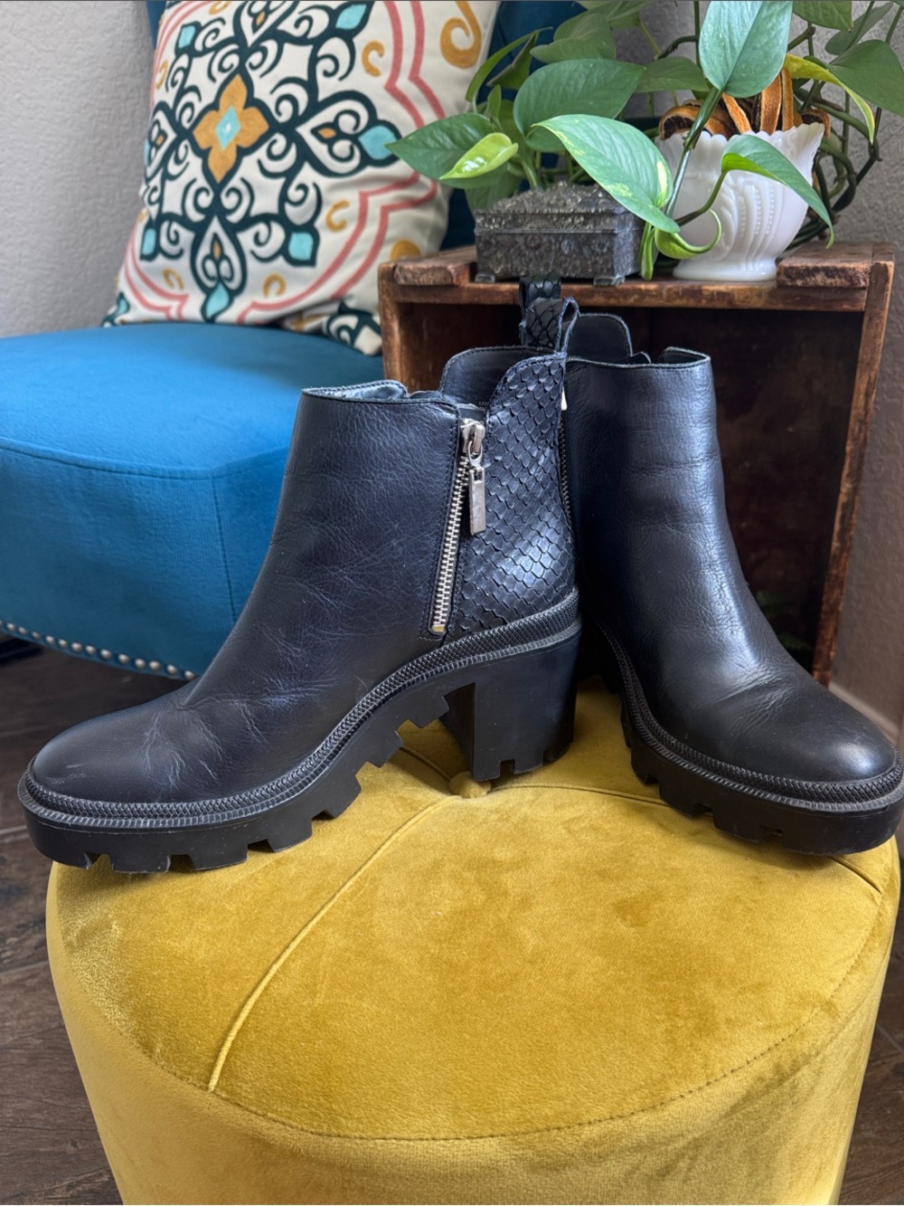 GB Black Leather Platform Lug Sole Ankle Booties
